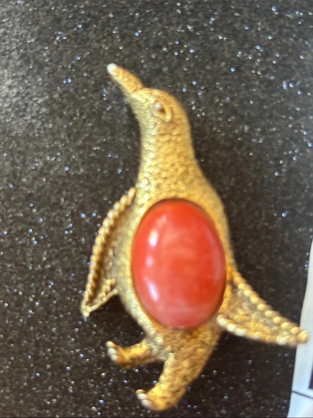 Estate Gold Penguin Brooch Coral Red jelly belly